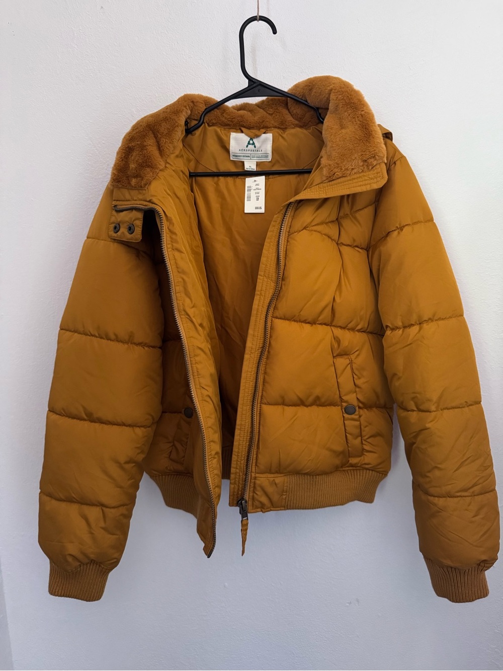 Aeropostale Women's Mustard Puffer Jacket with Faux Fur Trim